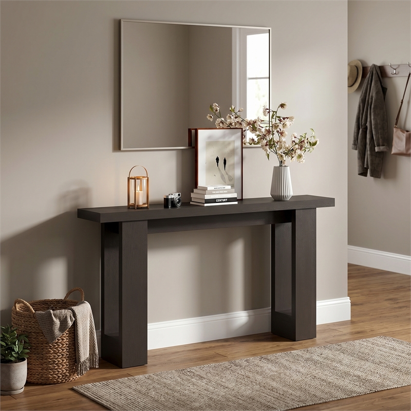 Furinno ARA 63-Inch Narrow Console Table. 2 Bottom Shelf. Dark Oak