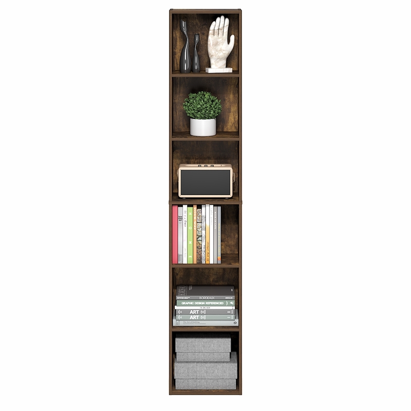 Furinno LUDER 6-Tier Narrow Open Shelf Standing Bookcase. Amber Pine