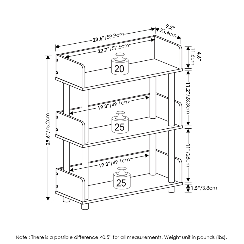 Furinno TURN-N-TUBE 3-Tier Rounded Corner Top Edges Bookcases. Amber Pine