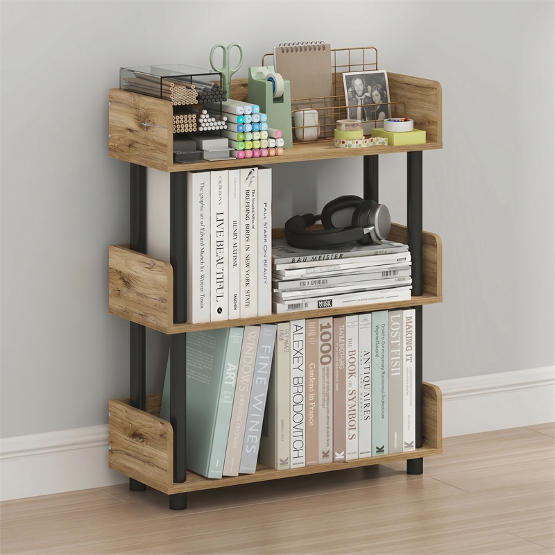 Furinno TURN-N-TUBE 3-Tier Round Corner Top Edges Bookcases. Flagstaff Oak