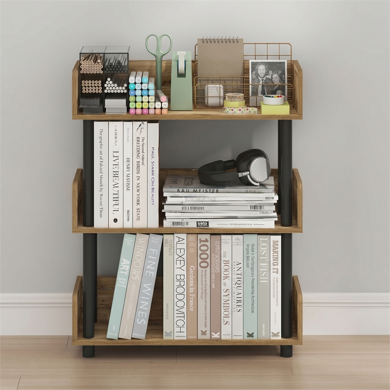 Furinno TURN-N-TUBE 3-Tier Round Corner Top Edges Bookcases. Flagstaff Oak