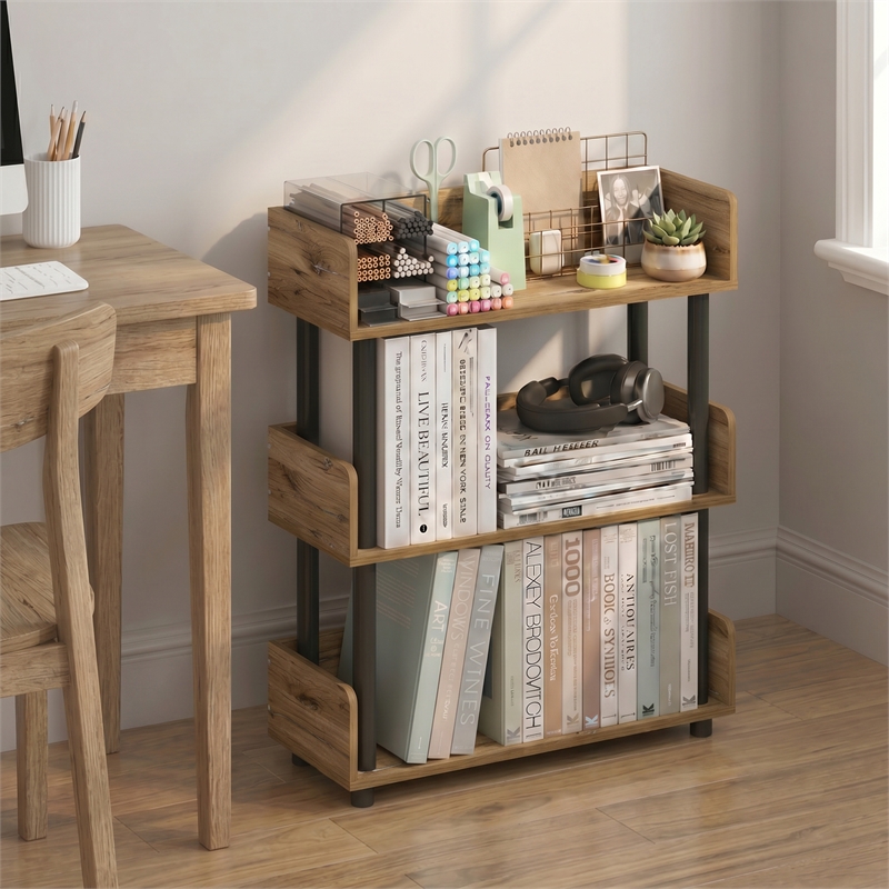 Furinno TURN-N-TUBE 3-Tier Round Corner Top Edges Bookcases. Flagstaff Oak