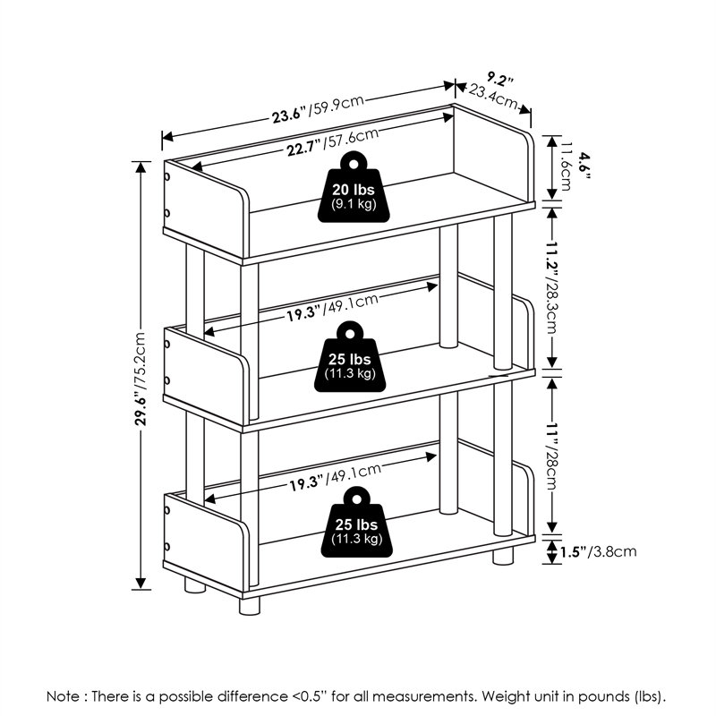 Furinno TURN-N-TUBE 3-Tier Rounded Corner Top Edges Bookcases. White
