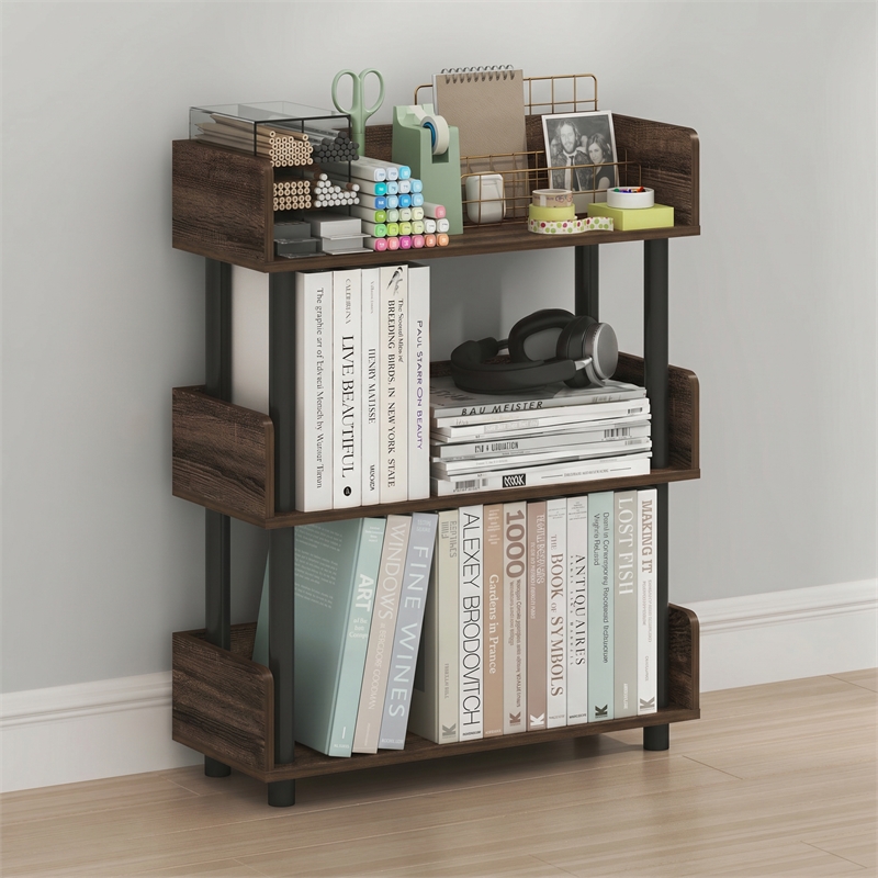 Furinno TURN-N-TUBE 3-Tier Rounded Corner Top Edges Bookcases. Walnut
