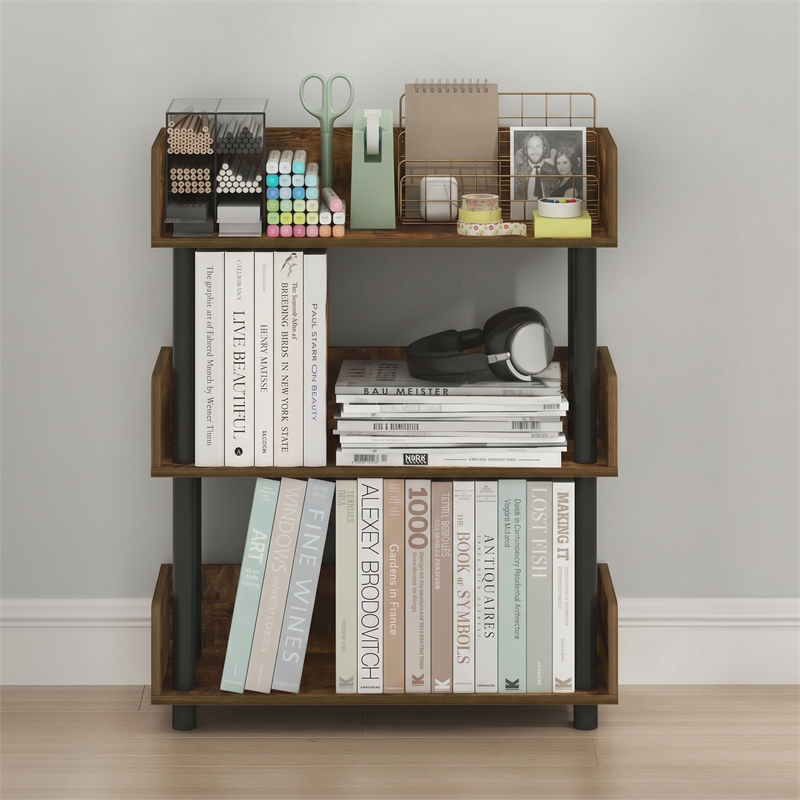 Furinno TURN-N-TUBE 3-Tier Rounded Corner Top Edges Bookcases. Walnut