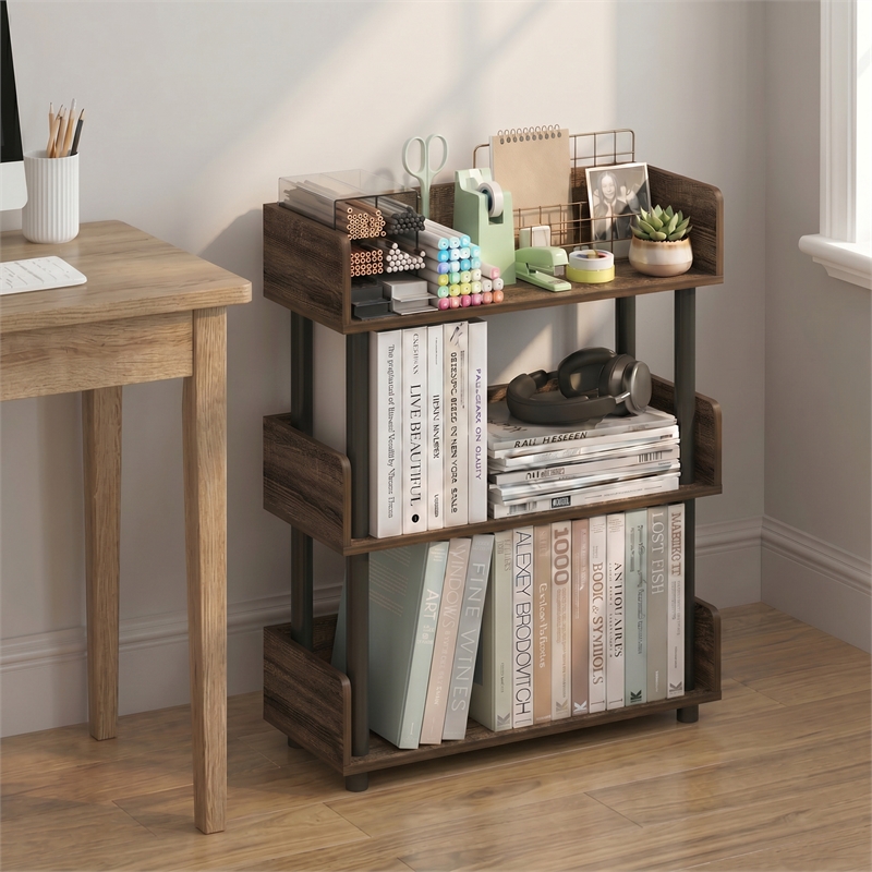 Furinno TURN-N-TUBE 3-Tier Rounded Corner Top Edges Bookcases. Walnut
