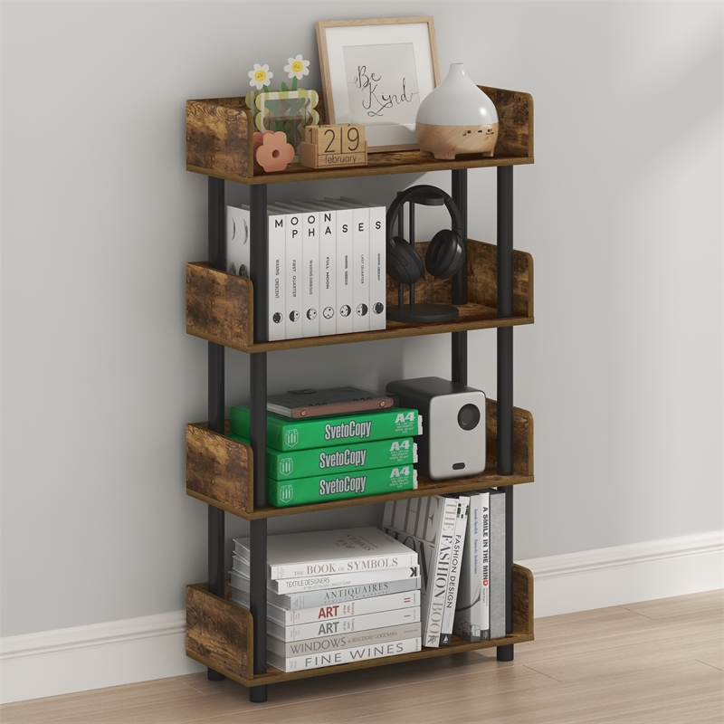 Furinno TURN-N-TUBE 4-Tier Rounded Corner Top Edges Bookcases. Amber Pine