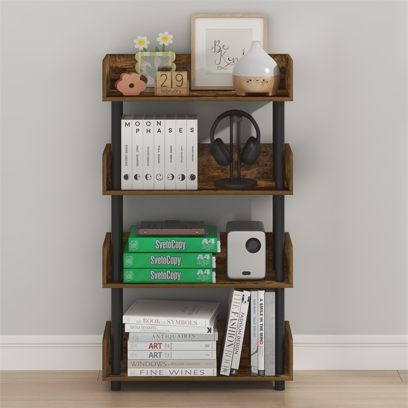 Furinno TURN-N-TUBE 4-Tier Rounded Corner Top Edges Bookcases. Amber Pine