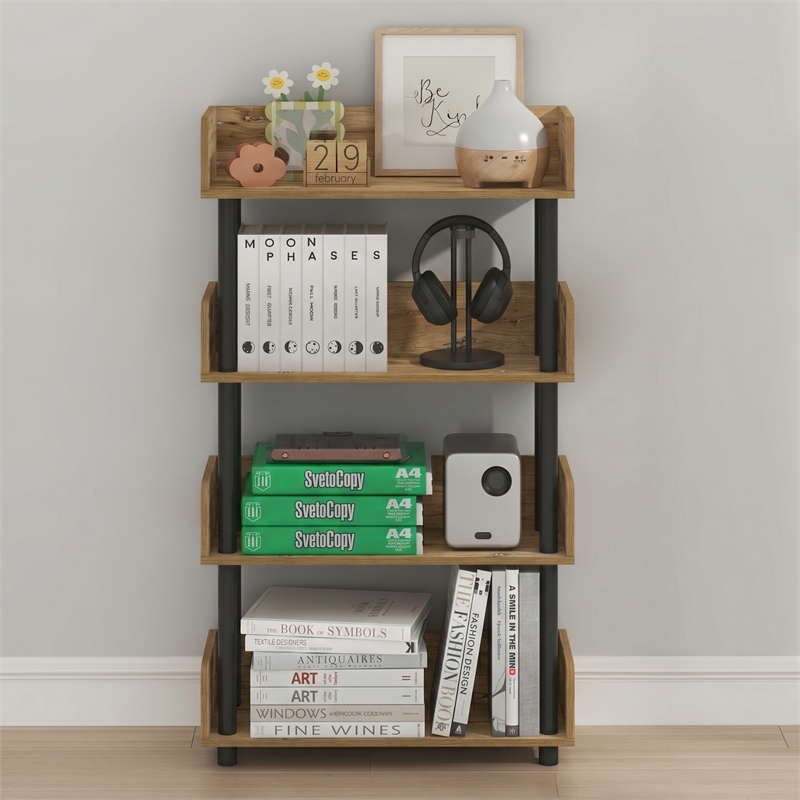 Furinno TURN-N-TUBE 4-Tier Round Corner Top Edges Bookcases. Flagstaff Oak
