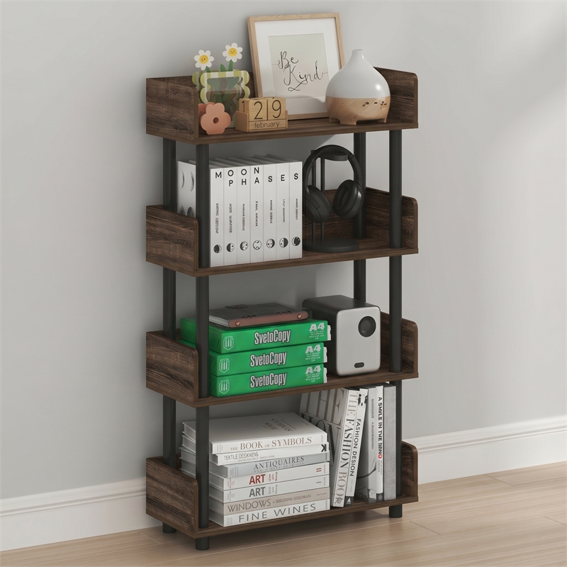 Furinno TURN-N-TUBE 4-Tier Rounded Corner Top Edges Bookcases. Walnut