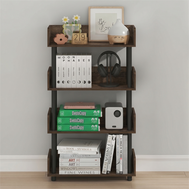 Furinno TURN-N-TUBE 4-Tier Rounded Corner Top Edges Bookcases. Walnut