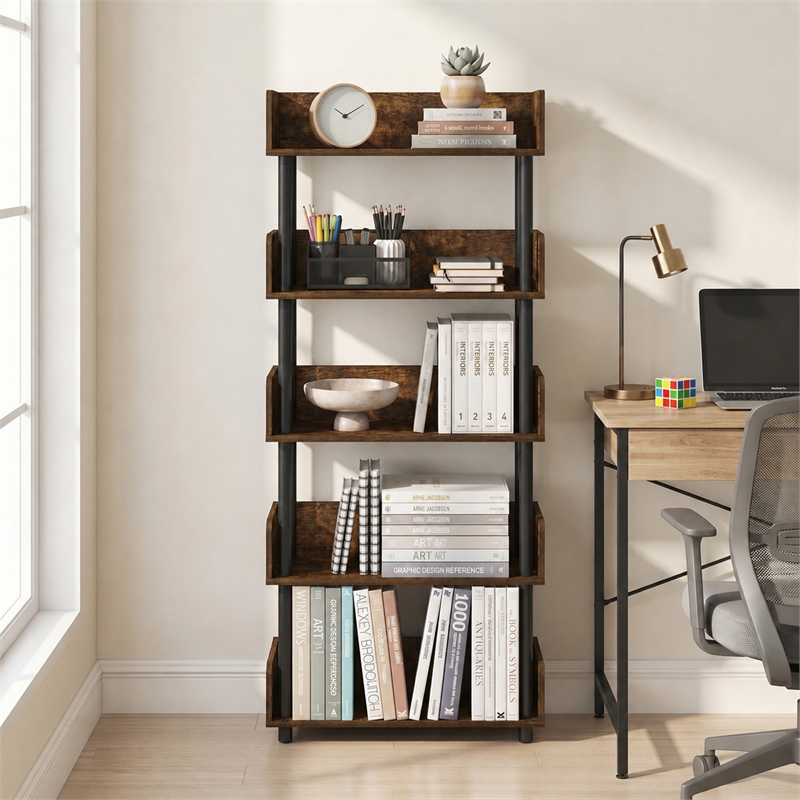 Furinno TURN-N-TUBE 5-Tier Rounded Corner Top Edges Bookcases. Walnut