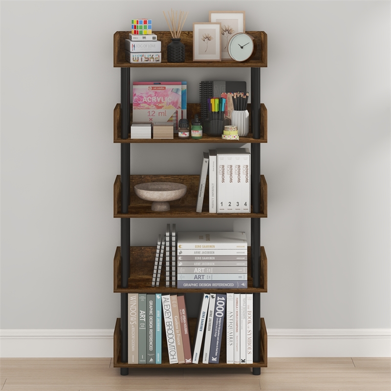 Furinno TURN-N-TUBE 5-Tier Rounded Corner Top Edges Bookcases. Walnut