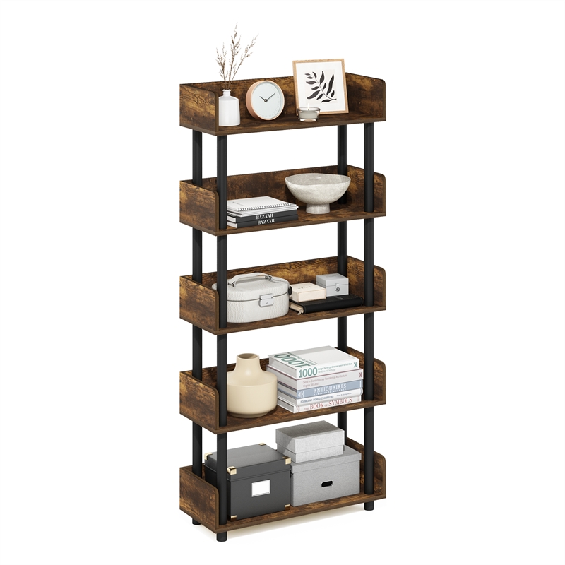 Furinno TURN-N-TUBE 5-Tier Rounded Corner Top Edges Bookcases. Walnut