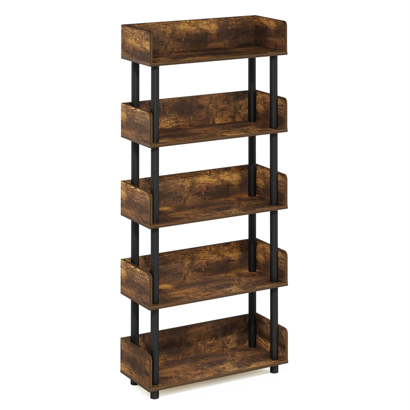 Furinno TURN-N-TUBE 5-Tier Rounded Corner Top Edges Bookcases. Walnut