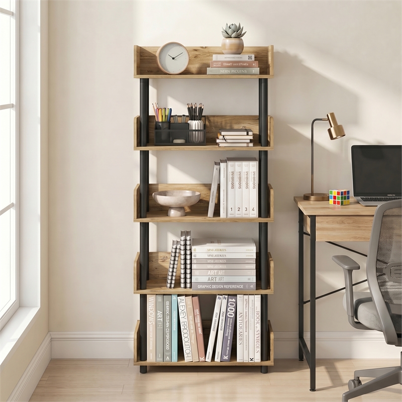 Furinno TURN-N-TUBE 5-Tier Round Corner Top Edges Bookcases. Flagstaff Oak