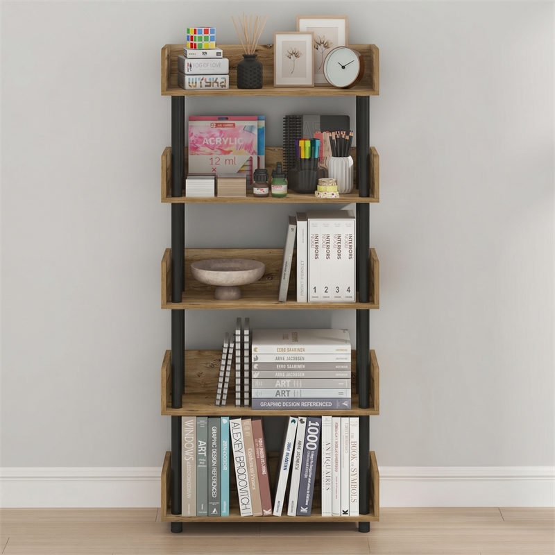 Furinno TURN-N-TUBE 5-Tier Round Corner Top Edges Bookcases. Flagstaff Oak