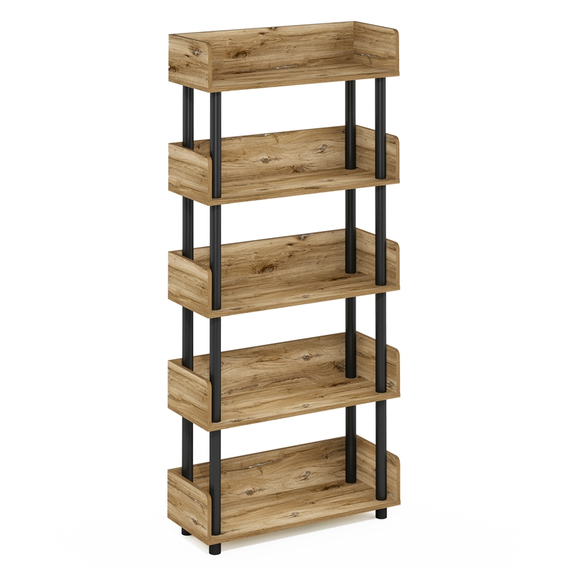 Furinno TURN-N-TUBE 5-Tier Round Corner Top Edges Bookcases. Flagstaff Oak
