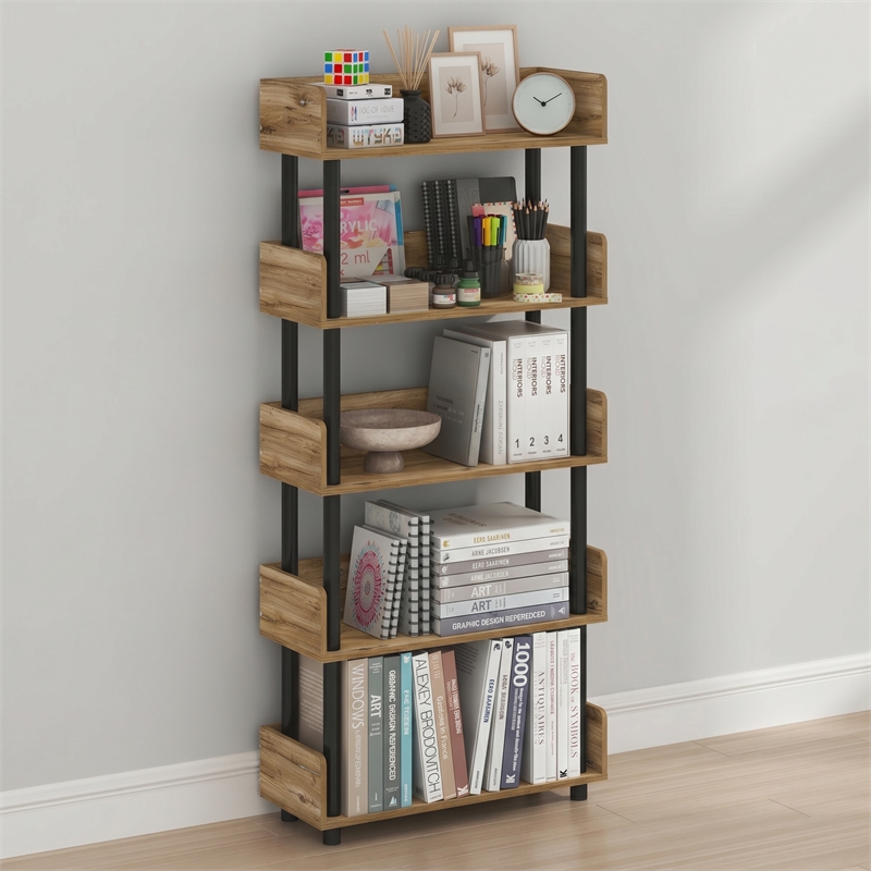Furinno TURN-N-TUBE 5-Tier Round Corner Top Edges Bookcases. Flagstaff Oak