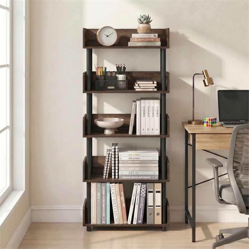 Furinno TURN-N-TUBE 5-Tier Rounded Corner Top Edges Bookcases. Walnut