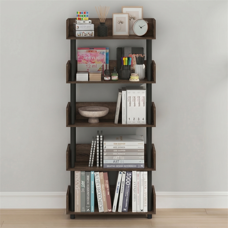 Furinno TURN-N-TUBE 5-Tier Rounded Corner Top Edges Bookcases. Walnut