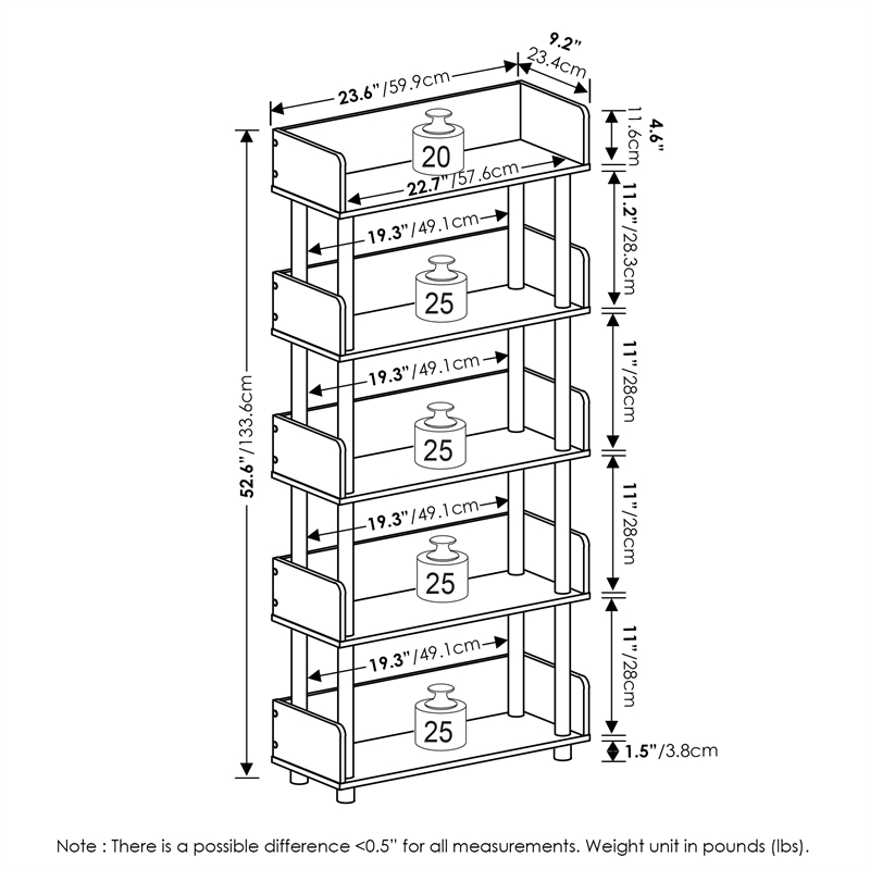 Furinno TURN-N-TUBE 5-Tier Rounded Corner Top Edges Bookcases. Walnut