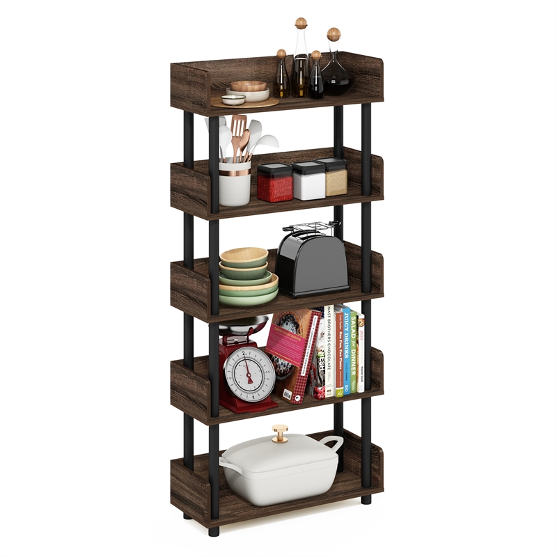 Furinno TURN-N-TUBE 5-Tier Rounded Corner Top Edges Bookcases. Walnut