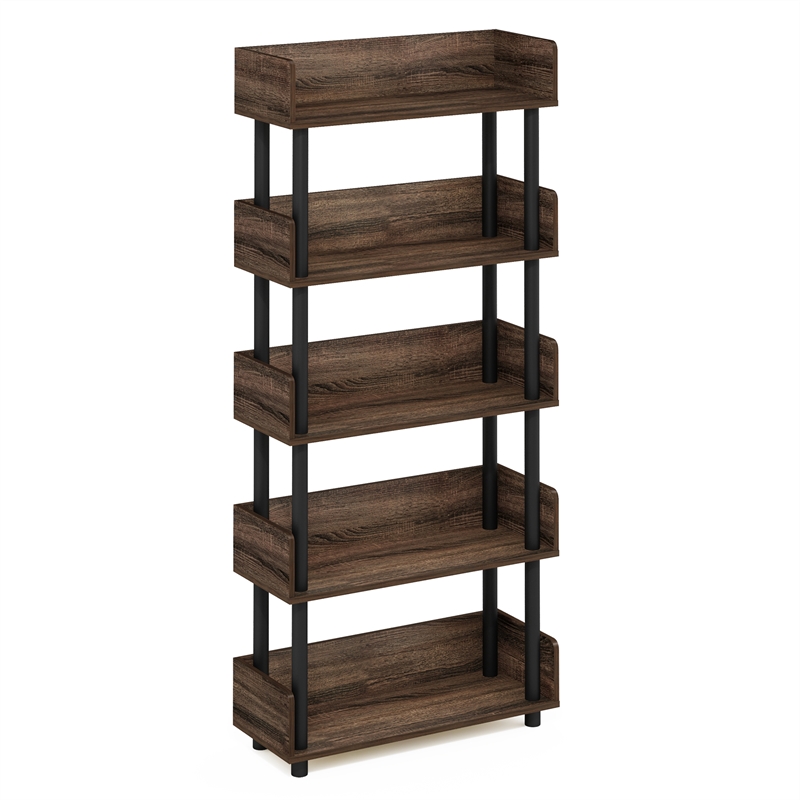 Furinno TURN-N-TUBE 5-Tier Rounded Corner Top Edges Bookcases. Walnut