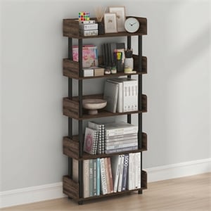 Furinno TURN-N-TUBE 5-Tier Rounded Corner Top Edges Bookcases. Walnut