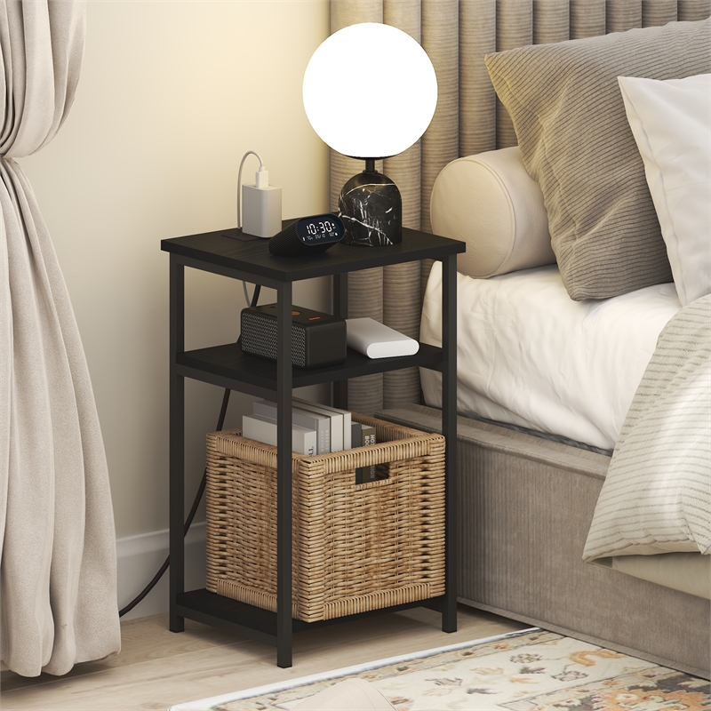 Furinno MORETTI 3-Tier Nightstand. USB & Type-C Charging Port. Americano