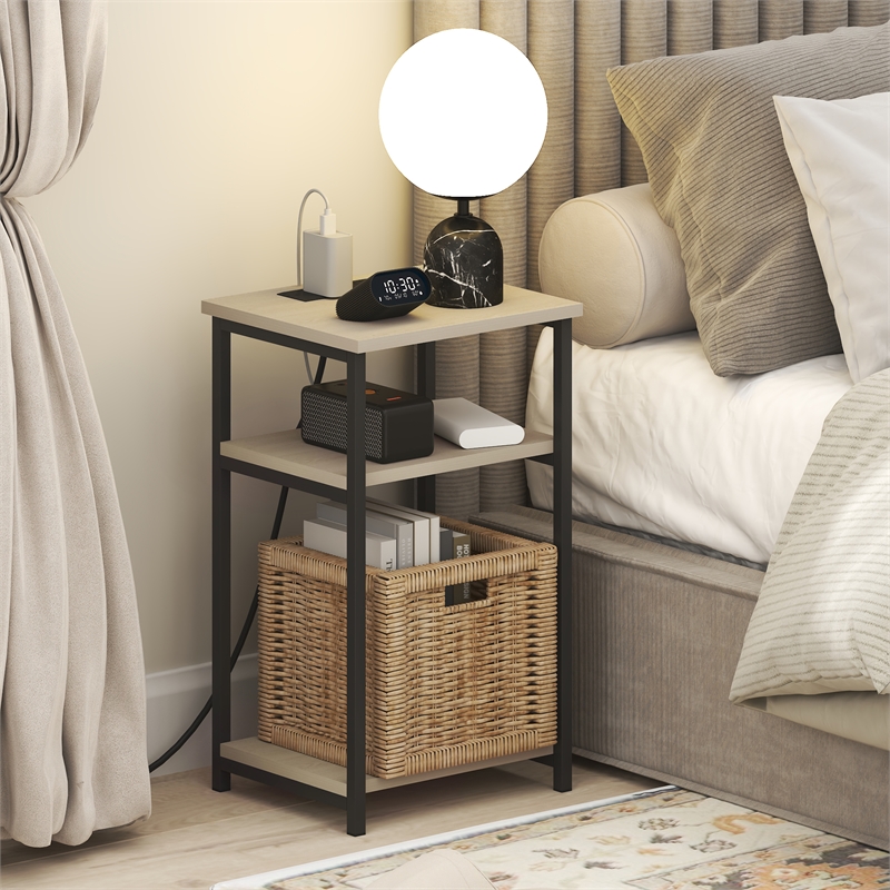 Furinno MORETTI 3-Tier Nightstand. USB & Type-C Charging Port. Bauhaus Oak