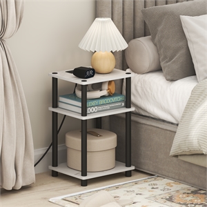 Furinno JUST 3-Tier Nightstand. USB & Type-C Charging Port. Marble White