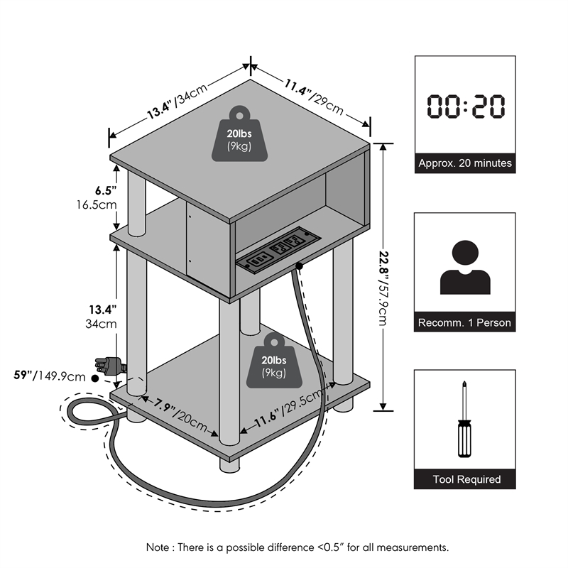 Furinno JUST 3-Tier Nightstand with USB & Type-C Charging Port. Espresso