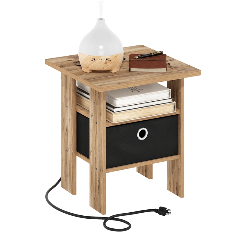 Furinno ANDREY Nightstand with USB & Type-C Charging Port. Flagstaff Oak