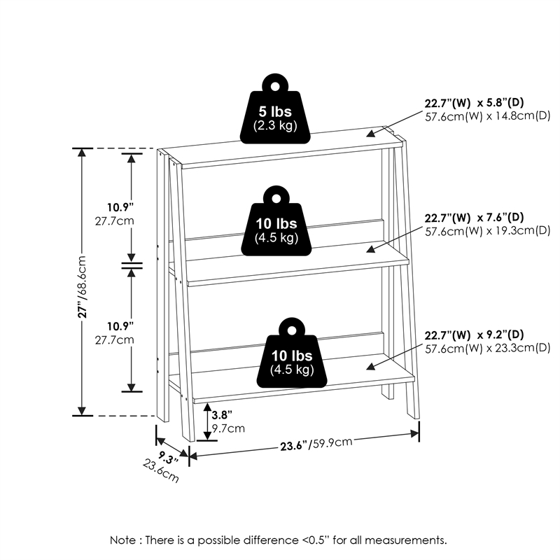 Furinno LADDER 3-Tier Ladder Bookcase. Storage Shelves. Storage Rack. White