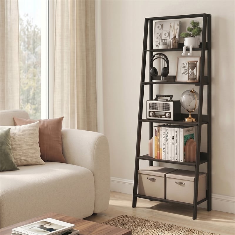 Furinno LADDER 6-Tier Ladder Bookcase. Storage Shelves. Espresso