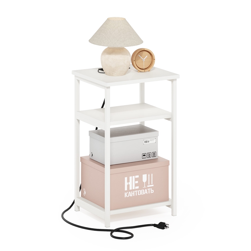 Furinno MORETTI 3-Tier Nightstand. USB & Type-C Charging Port. White