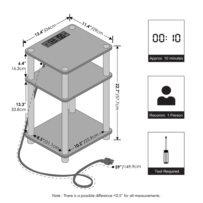 Furinno JUST 3-Tier Nightstand with USB & Type-C Charging Port. Amber Pine