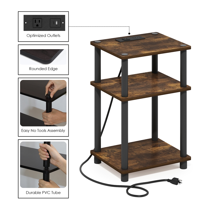 Furinno JUST 3-Tier Nightstand with USB & Type-C Charging Port. Amber Pine