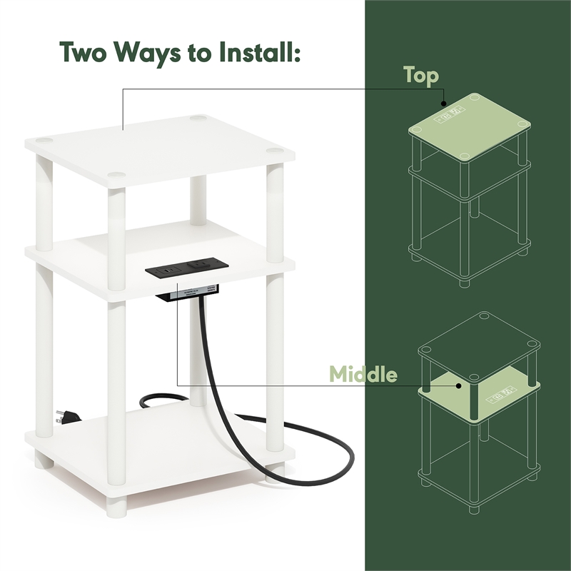 Furinno JUST 3-Tier Nightstand with USB & Type-C Charging Port. White
