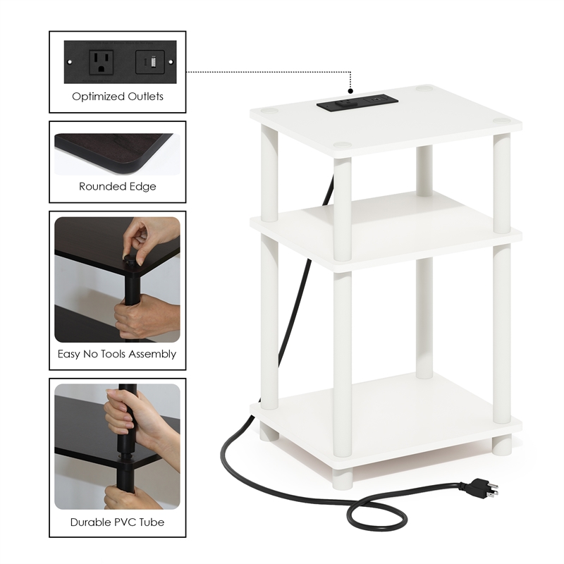 Furinno JUST 3-Tier Nightstand with USB & Type-C Charging Port. White