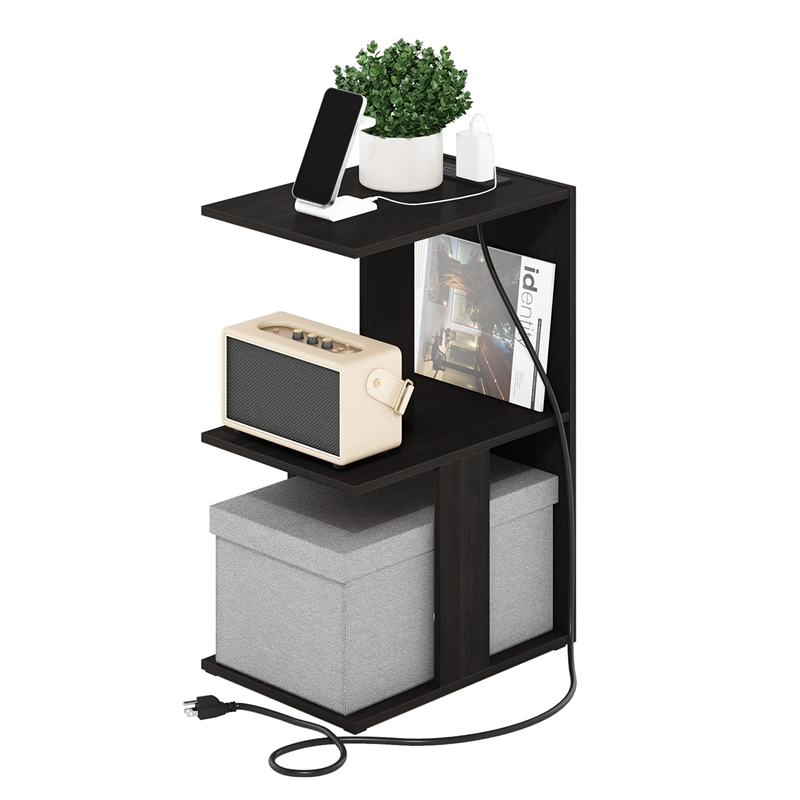 Furinno BOYATE 2-Tier End Table with USB & Type-C Charging Port. Espresso