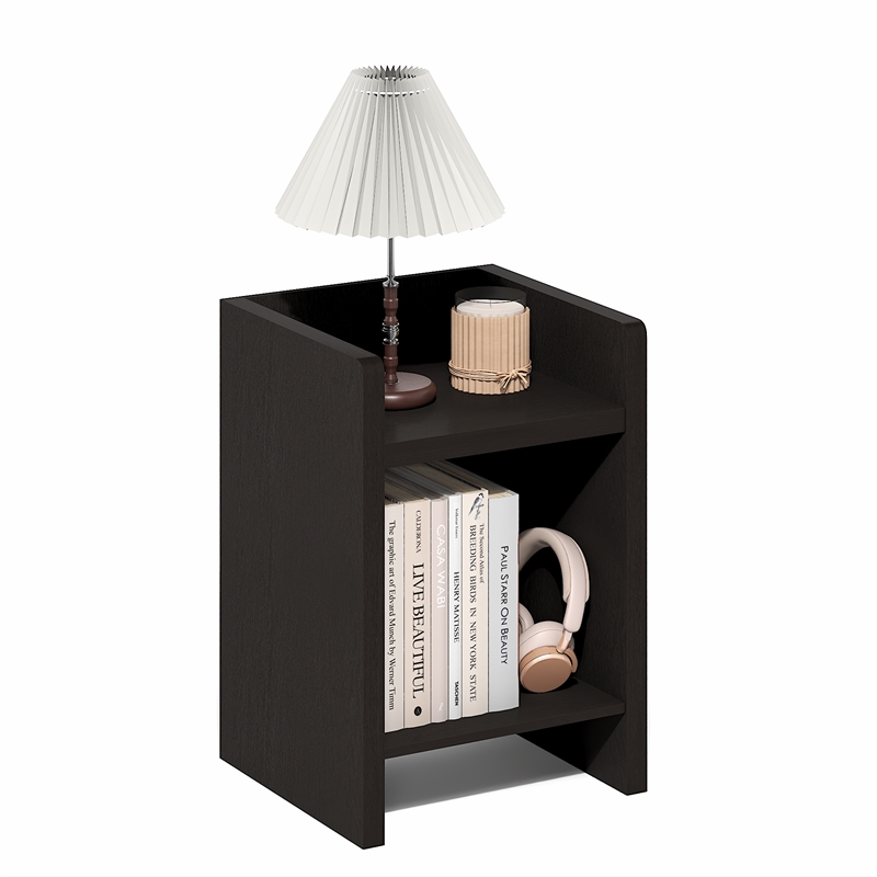 Furinno VIOLA Thick Frame Nightstand with Storage Bin. Dark Oak