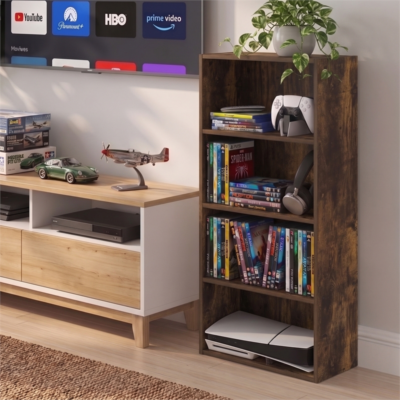 Furinno BASIC 4-Tier CD Rack & DVD Shelf. 7 x 17 x 35. Amber Pine