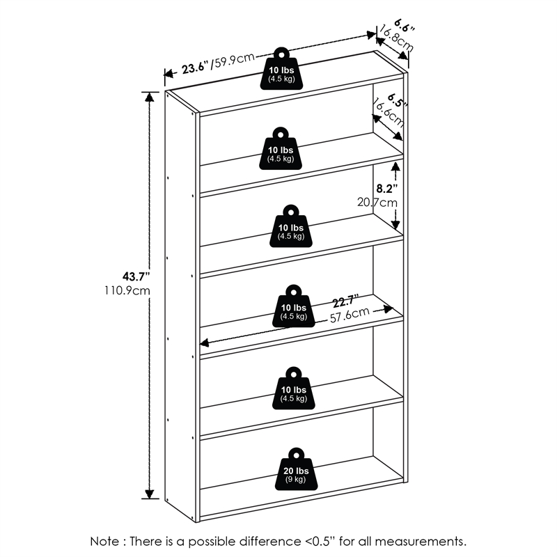 Furinno BASIC 5-Tier Open Shelf Cube Storage Organizer. 7 x 24 x 44. White