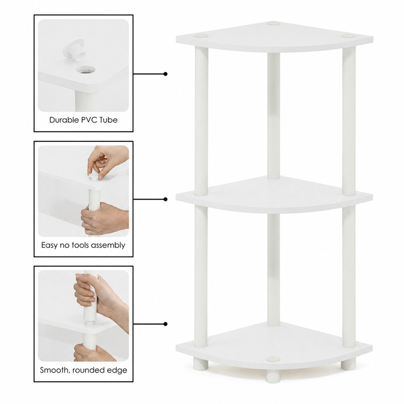 Furinno Turn-N-Tube 3-Tier Toolless Corner Closet Organizers/Storage. White