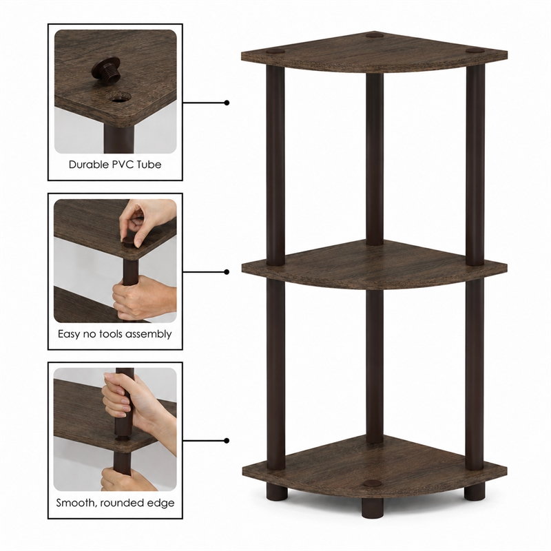 Furinno Turn-N-Tube 3-Tier Toolless Corner Closet Organizers. Walnut