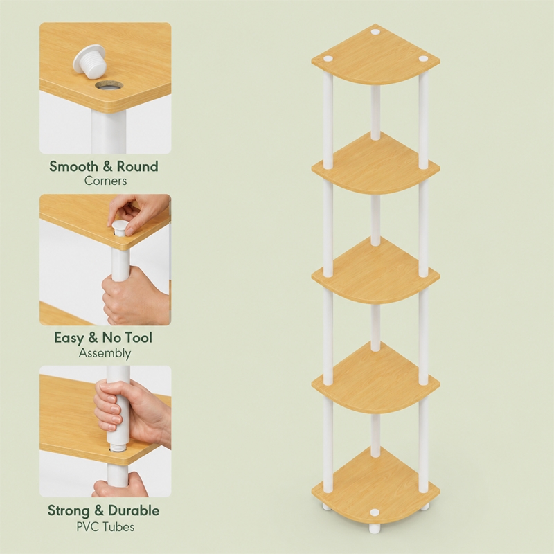 Furinno Turn-N-Tube 5-Tier Toolless Corner Shelf Closet Organizers. Beech