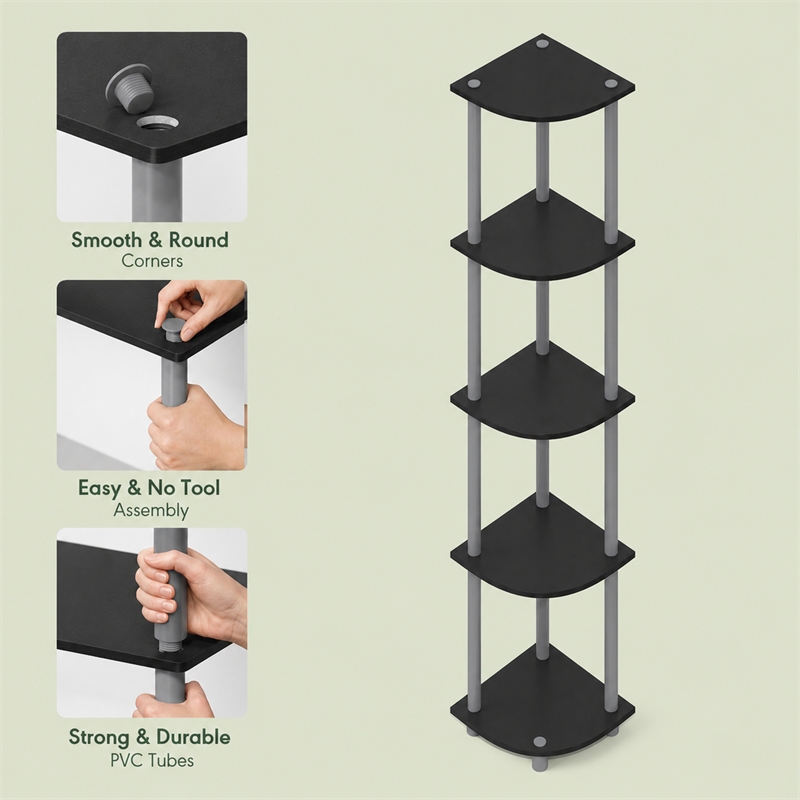 Furinno Turn-N-Tube 5-Tier Toolless Corner Shelf Closet Organizers. Black