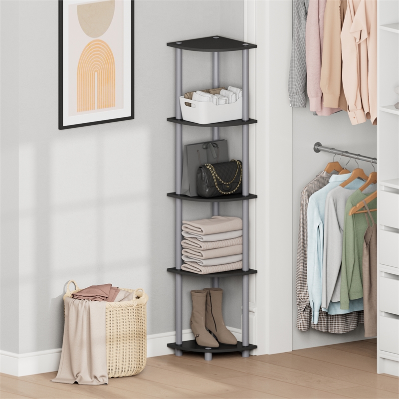 Furinno Turn-N-Tube 5-Tier Toolless Corner Shelf Closet Organizers. Black